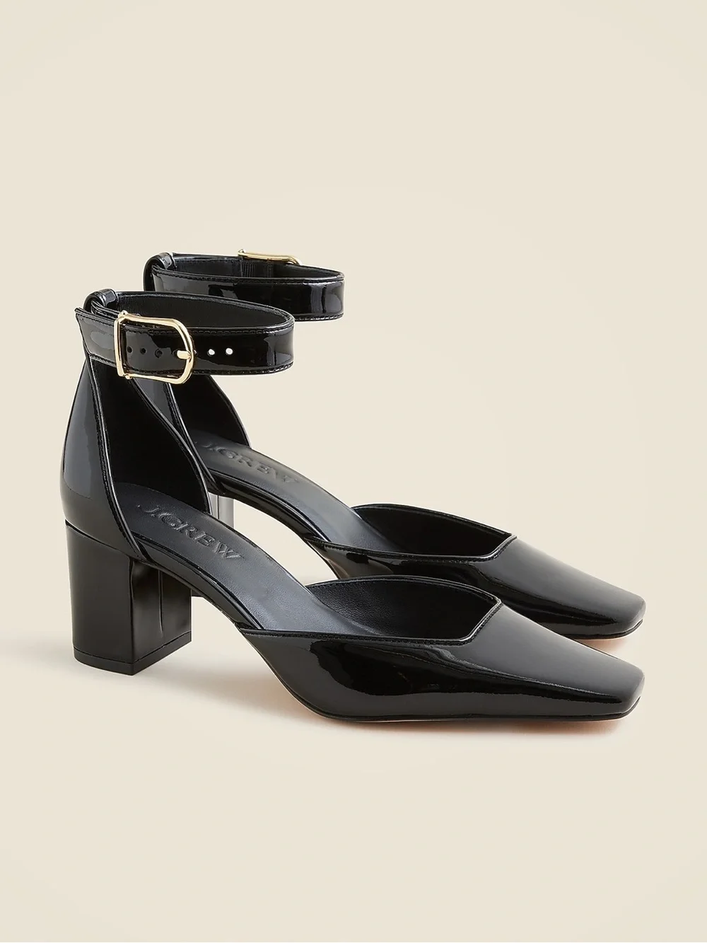 J.Crew Buckle-Strap Block Heels in Patent Leather Black
